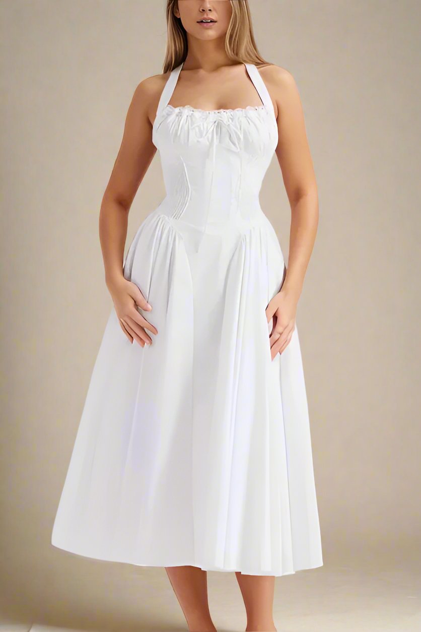 Woman wearing a figure flattering Lynsie Bodycon Midi Dress - Pearl White BODYCON COLLECTION