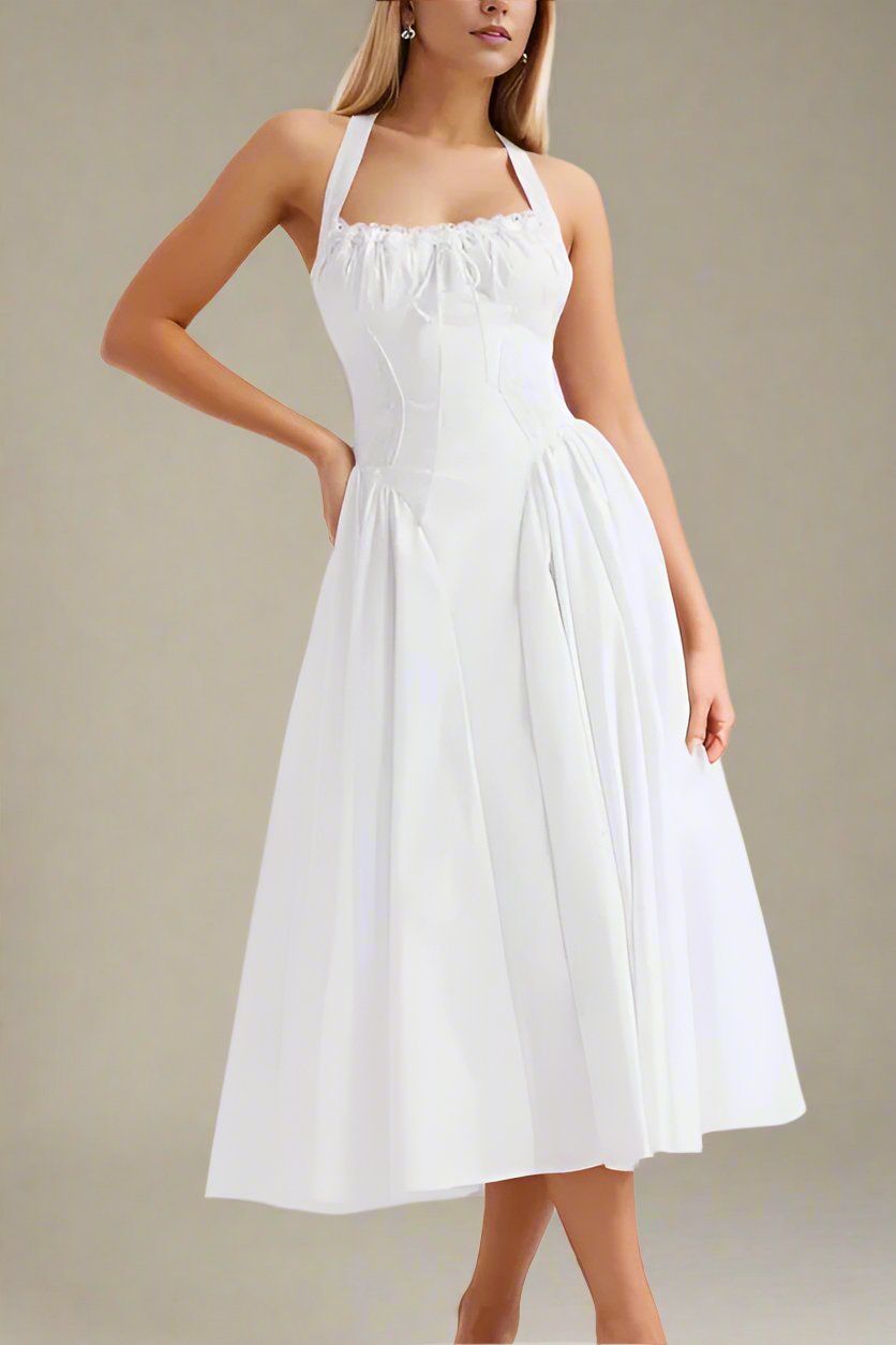 Woman wearing a figure flattering Lynsie Bodycon Midi Dress - Pearl White BODYCON COLLECTION