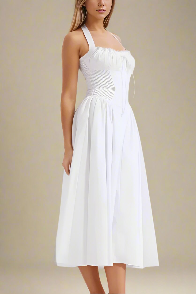 Woman wearing a figure flattering Lynsie Bodycon Midi Dress - Pearl White BODYCON COLLECTION