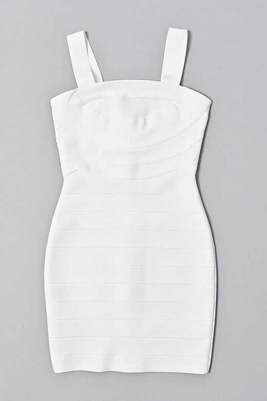 Woman wearing a figure flattering Madelyn Bandage Mini Dress - White Pearl BODYCON COLLECTION Pty Ltd
