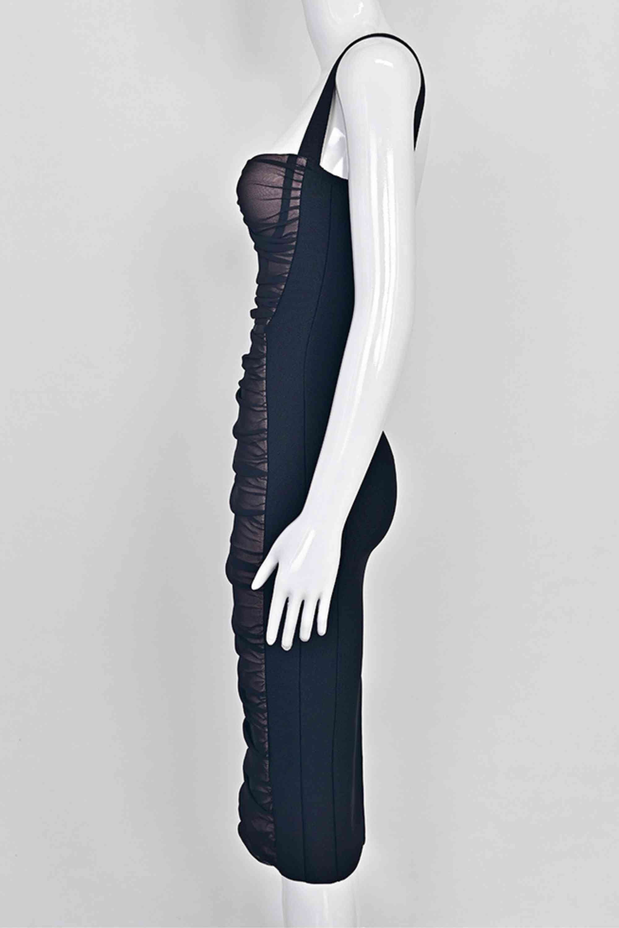 Woman wearing a figure flattering Marilyn Bodycon Wrap Midi Dress - Classic Black BODYCON COLLECTION