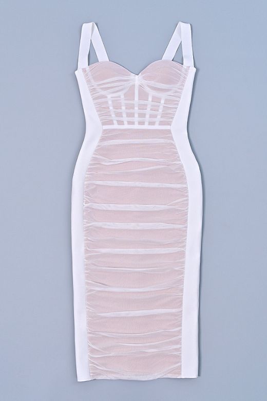 Woman wearing a figure flattering  Marilyn Bodycon Wrap Midi Dress - Pearl White BODYCON COLLECTION