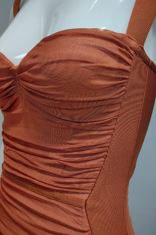 Woman wearing a figure flattering  Marilyn Bodycon Wrap Midi Dress - Rustic Brown BODYCON COLLECTION