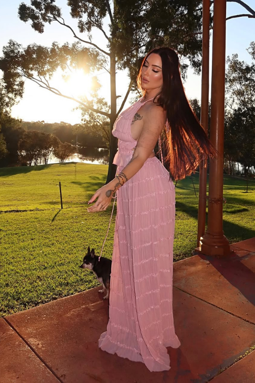 Woman wearing a figure flattering Meryl Top and Maxi Skirt Set - Pink Fuzz BODYCON COLLECTION