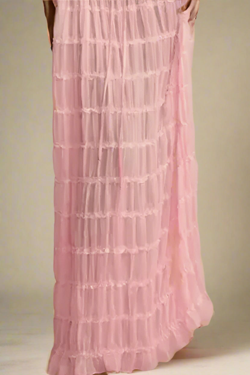 Woman wearing a figure flattering Meryl Wrap Top and Maxi Skirt Set - Pink Fuzz BODYCON COLLECTION