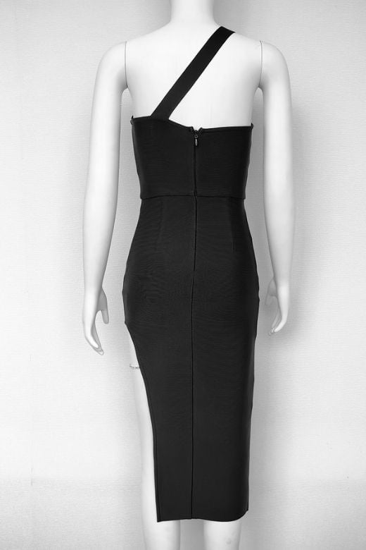 Woman wearing a figure flattering Mia Bodycon Midi Dress - Classic Black BODYCON COLLECTION Pty Ltd