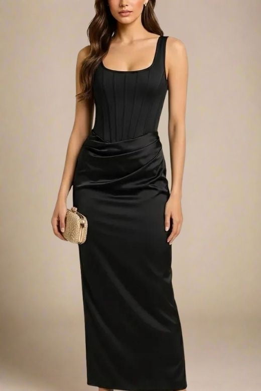 Woman wearing a figure flattering Mila Bodycon Wrap Maxi Dress - Classic Black BODYCON COLLECTION Pty Ltd