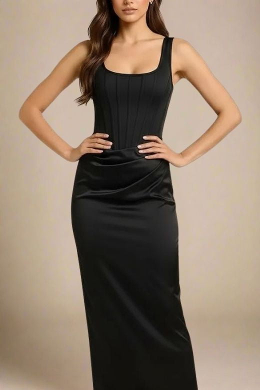 Woman wearing a figure flattering Mila Bodycon Wrap Maxi Dress - Classic Black BODYCON COLLECTION Pty Ltd