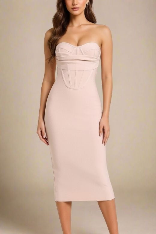 Woman wearing a figure flattering Miles Bodycon Midi Dress - Nude BODYCON COLLECTION