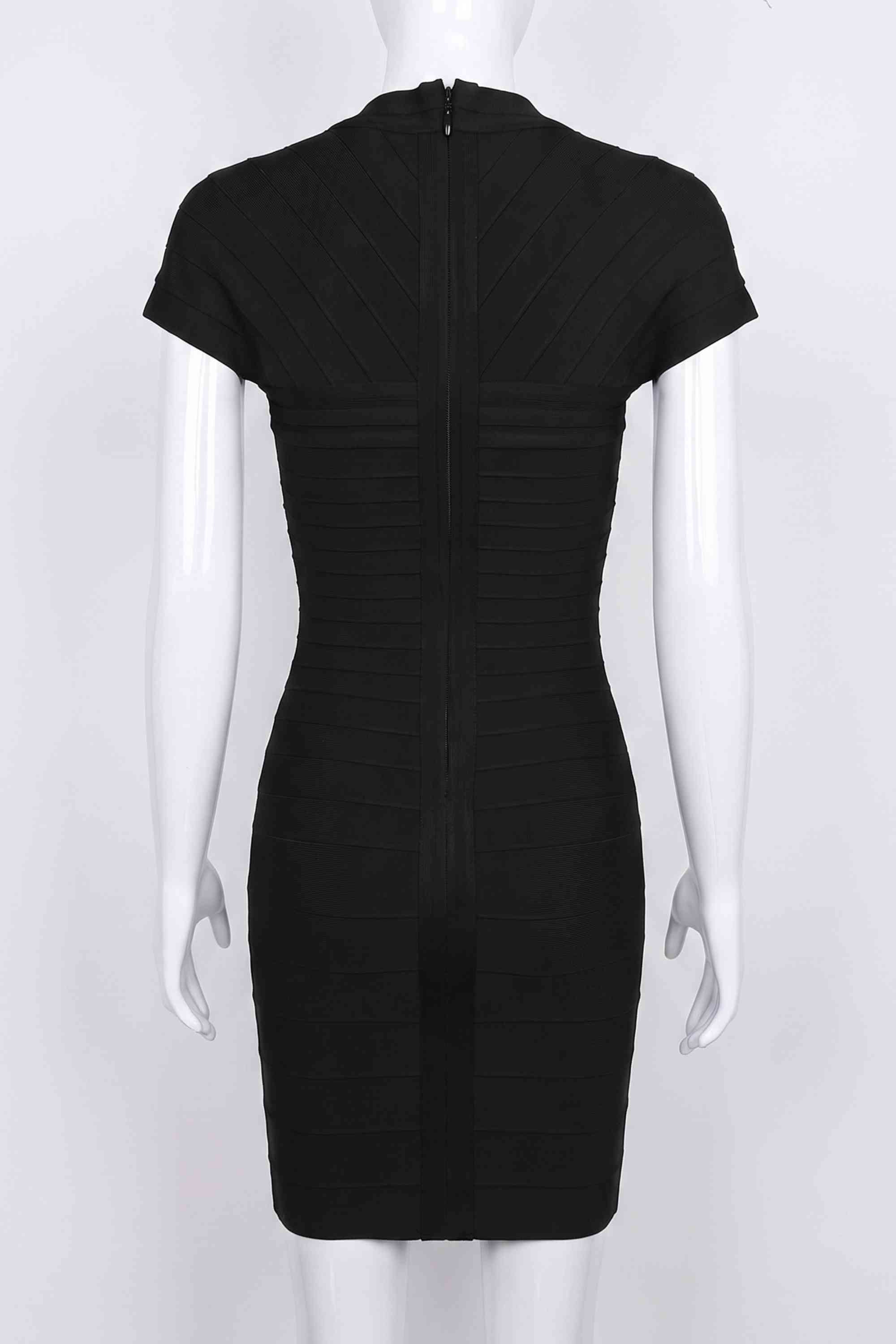 Woman wearing a figure flattering Miranda Bandage Mini Dress - Classic Black Bodycon Collection