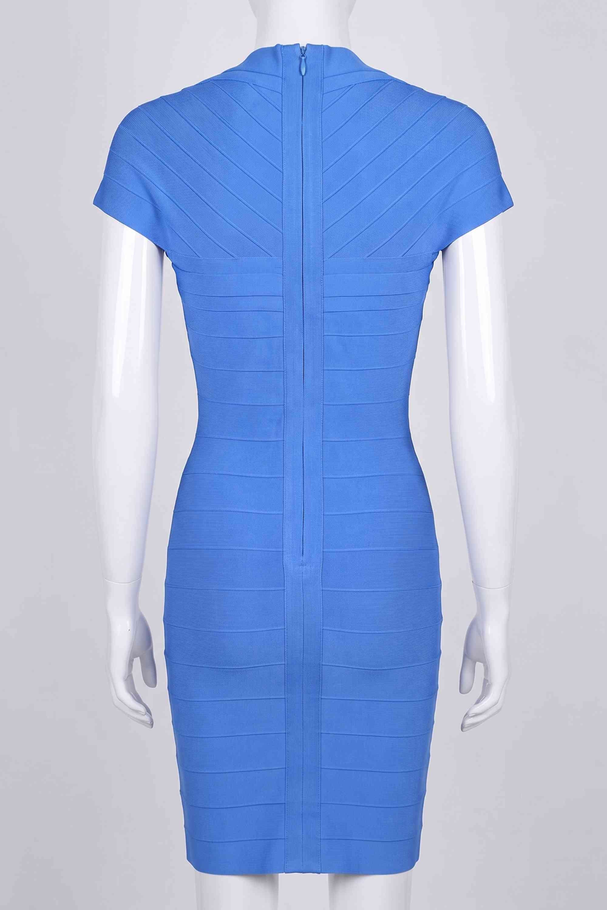 Woman wearing a figure flattering Miranda Bandage Mini Dress - Royal Blue Bodycon Collection