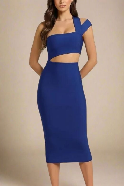 Woman wearing a figure flattering Molly Bandage Midi Dress - Navy Blue BODYCON COLLECTION