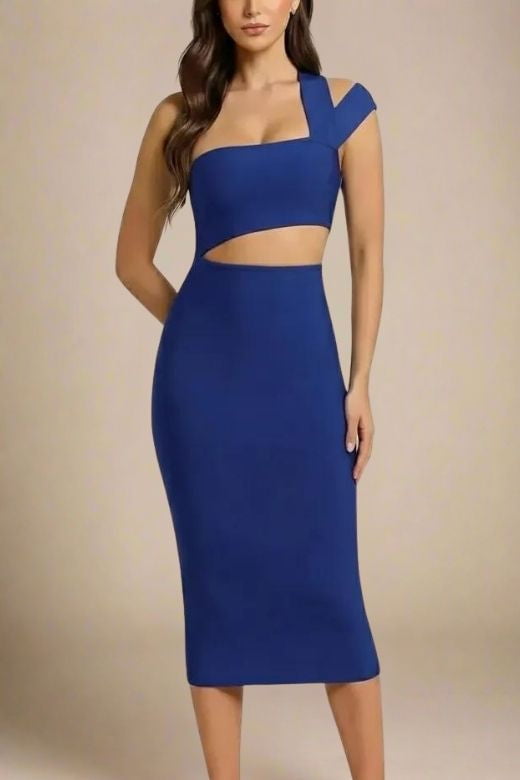 Woman wearing a figure flattering Molly Bandage Midi Dress - Navy Blue BODYCON COLLECTION