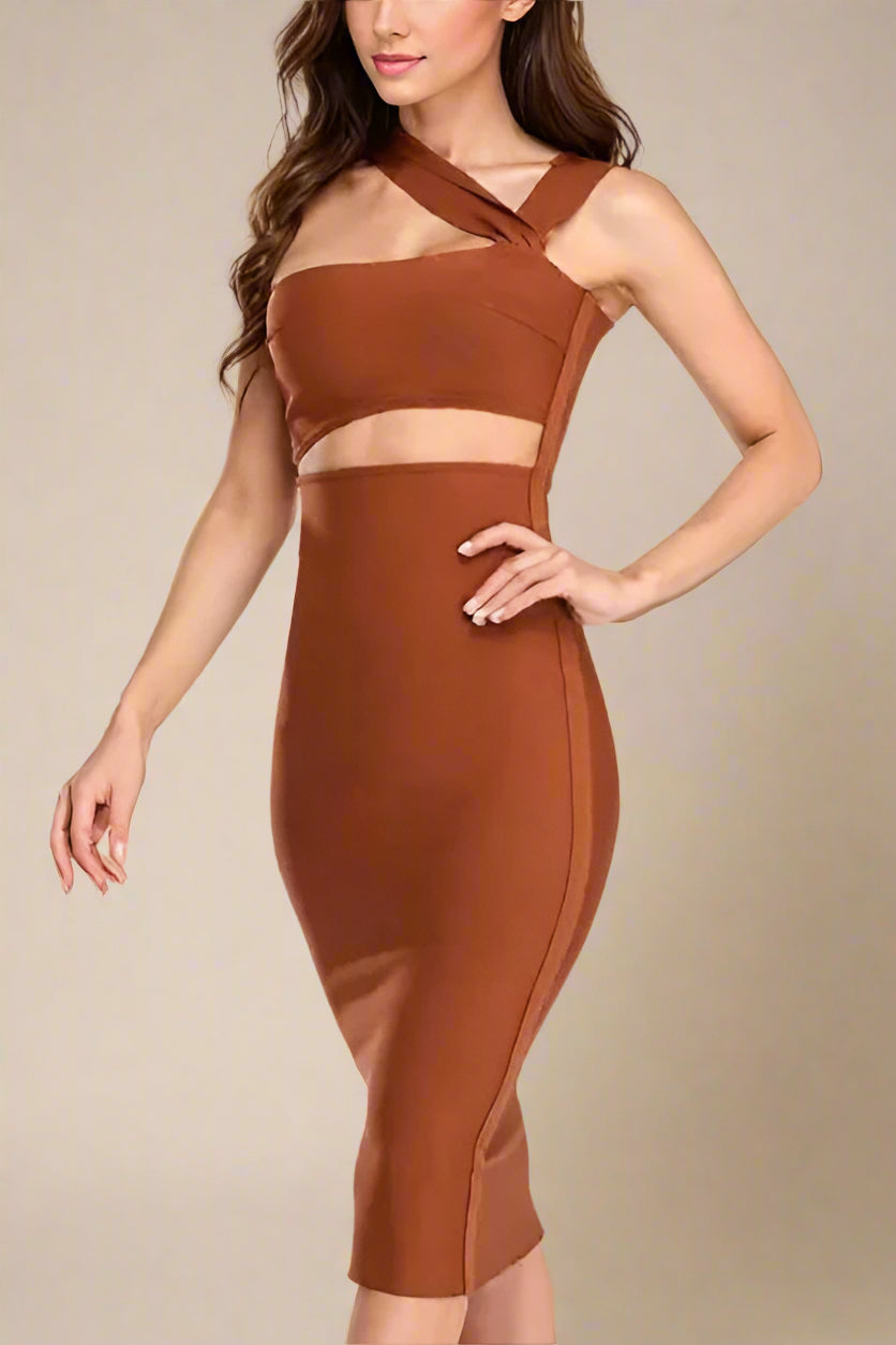 Woman wearing a figure flattering Molly Bandage Midi Dress - Tan Brown BODYCON COLLECTION