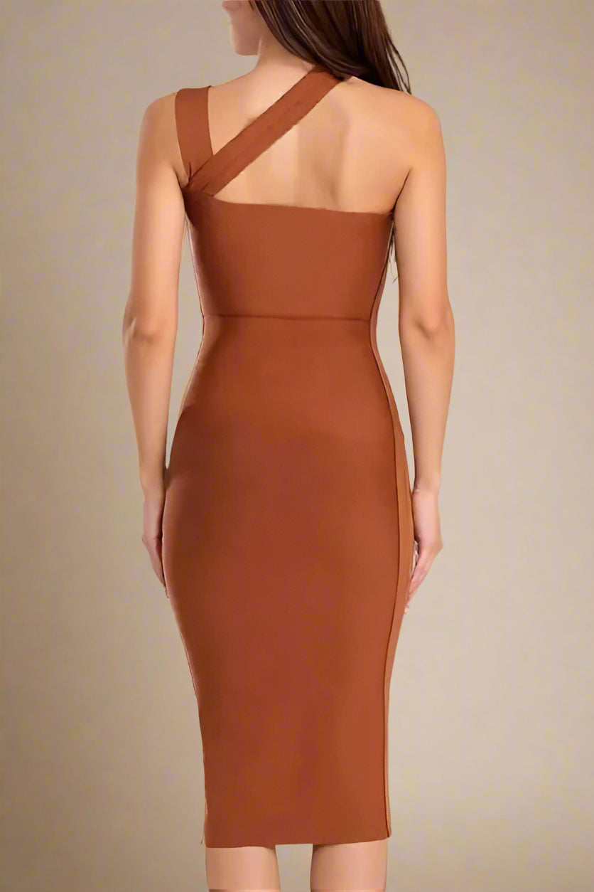 Woman wearing a figure flattering Molly Bandage Midi Dress - Tan Brown BODYCON COLLECTION