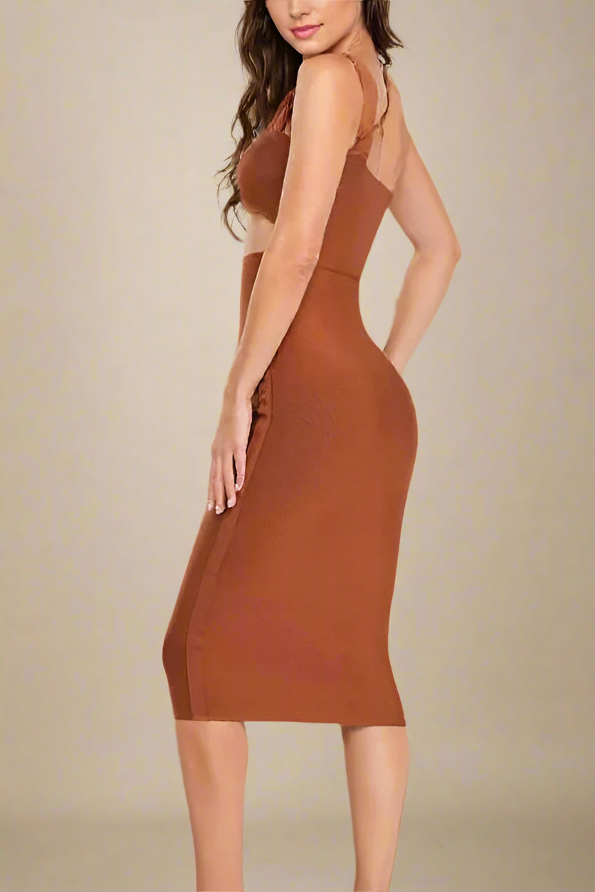 Woman wearing a figure flattering Molly Bandage Midi Dress - Tan Brown BODYCON COLLECTION