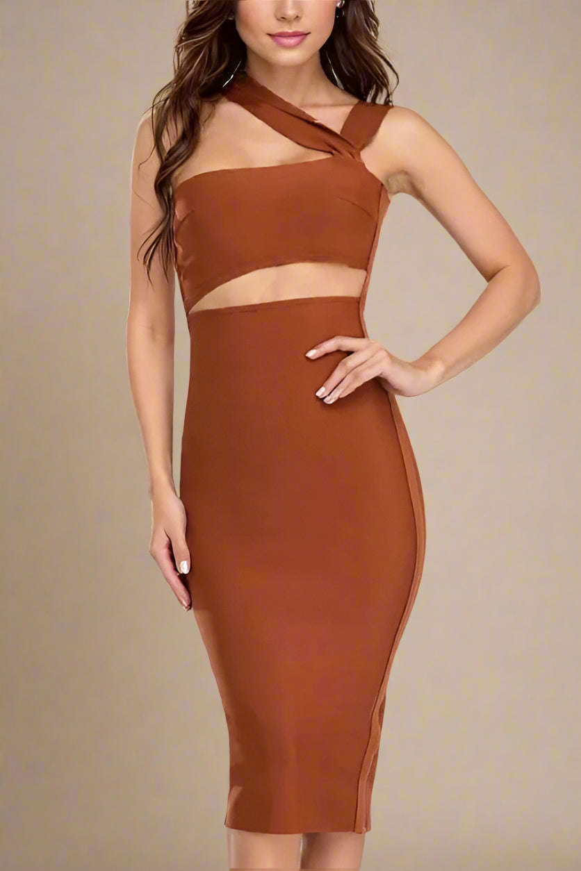 Woman wearing a figure flattering Molly Bandage Midi Dress - Tan Brown BODYCON COLLECTION