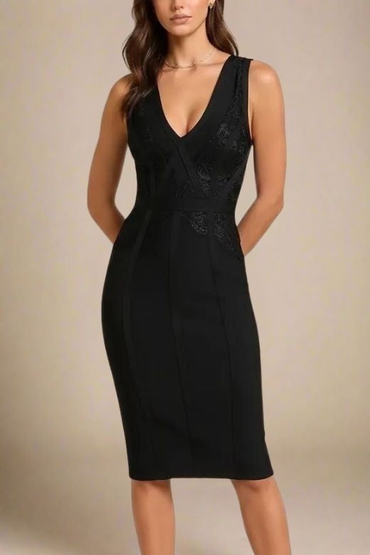 Woman wearing a figure flattering Noa V Neck Bodycon Dress - Classic Black BODYCON COLLECTION