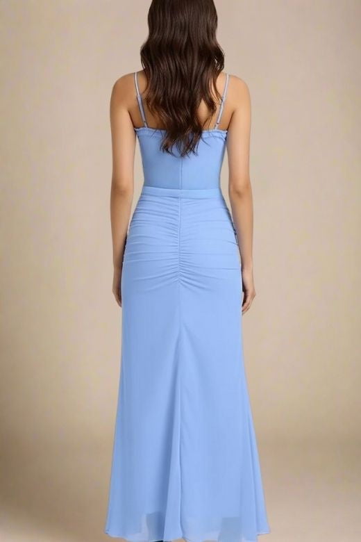Woman wearing a figure flattering Noah Bodycon Wrap Midi Dress - Azure Blue BODYCON COLLECTION