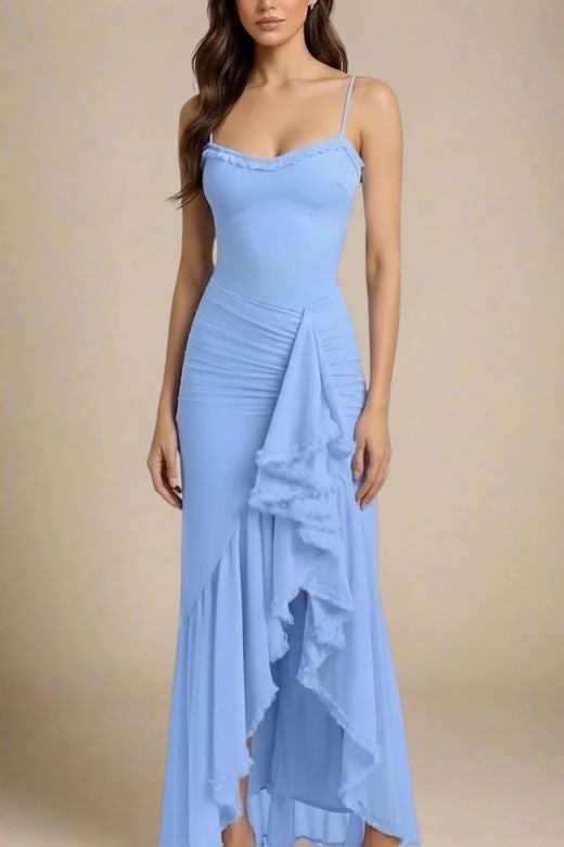 Woman wearing a figure flattering Noah Bodycon Wrap Midi Dress - Azure Blue BODYCON COLLECTION