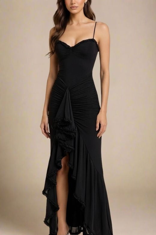 Woman wearing a figure flattering Noah Bodycon Wrap Midi Dress- Classic Black BODYCON COLLECTION