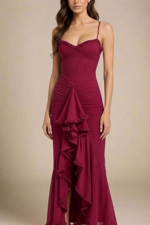 Woman wearing a figure flattering Noah Bodycon Wrap Midi Dress- Red Wine BODYCON COLLECTION