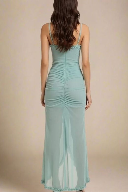 Woman wearing a figure flattering Noah Bodycon Wrap Midi Dress - Tiffany Blue BODYCON COLLECTION
