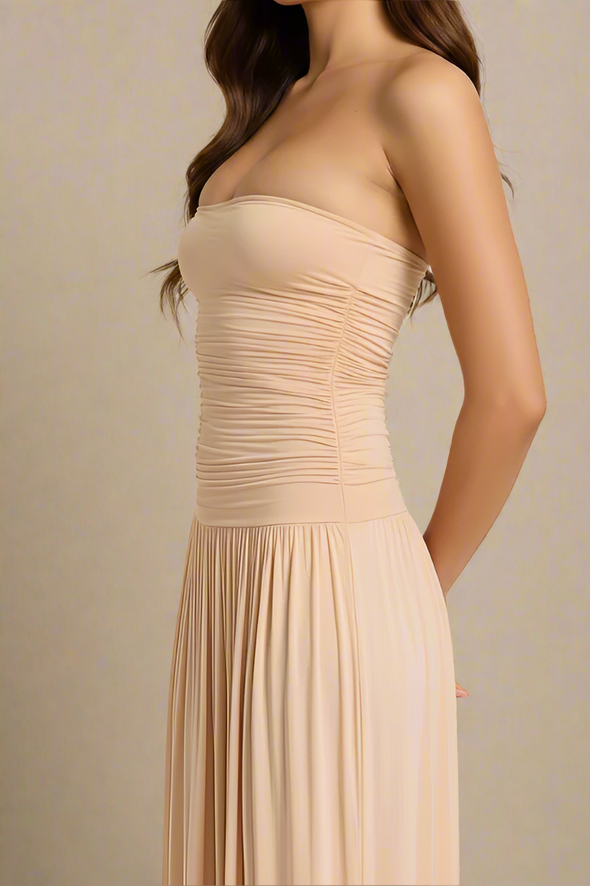 Woman wearing a figure flattering North Bodycon Wrap Midi Dress - Beige BODYCON COLLECTION Pty Ltd