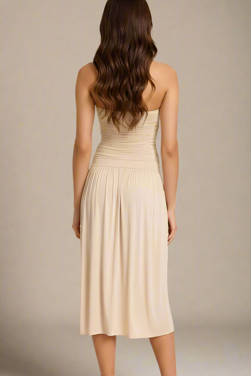 Woman wearing a figure flattering North Bodycon Wrap Midi Dress - Beige BODYCON COLLECTION Pty Ltd