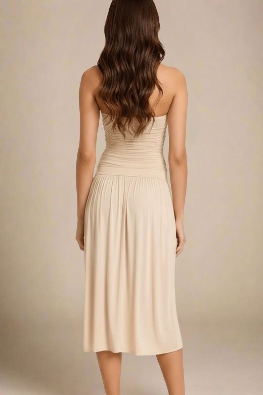 Woman wearing a figure flattering North Bodycon Wrap Midi Dress - Beige BODYCON COLLECTION Pty Ltd