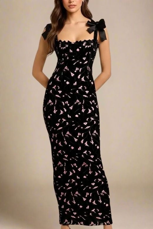 Woman wearing a figure flattering Odette Bodycon Lace Maxi Dress - Classic Black BODYCON COLLECTION