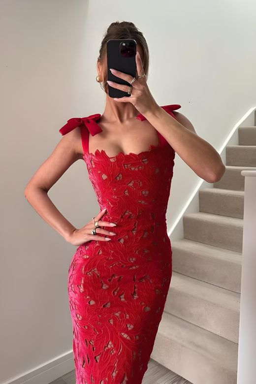 Woman wearing a figure flattering Odette Bodycon Lace Maxi Dress - Lipstick Red BODYCON COLLECTION