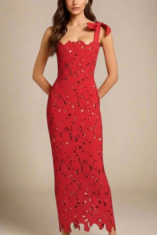 Woman wearing a figure flattering Odette Bodycon Lace Maxi Dress - Lipstick Red BODYCON COLLECTION