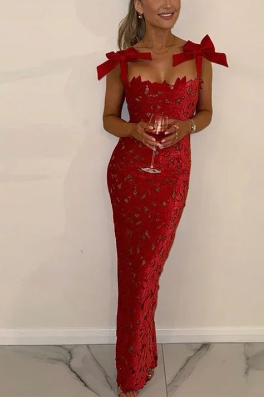 Woman wearing a figure flattering Odette Bodycon Lace Maxi Dress - Lipstick Red BODYCON COLLECTION