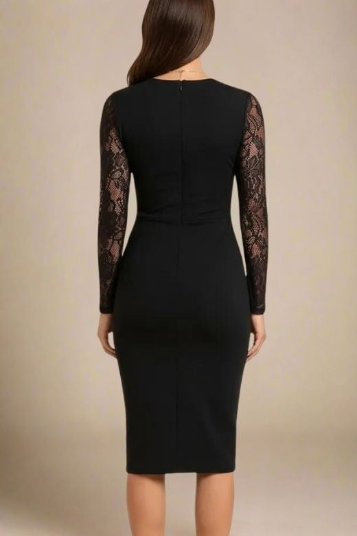 Woman wearing a figure flattering Opal Long Sleeve Bodycon Dress - Classic Black BODYCON COLLECTION Pty Ltd