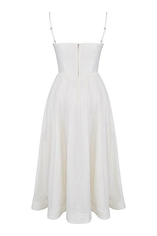 Woman wearing a figure flattering Paloma Bodycon Midi Dress - Pearl White BODYCON COLLECTION