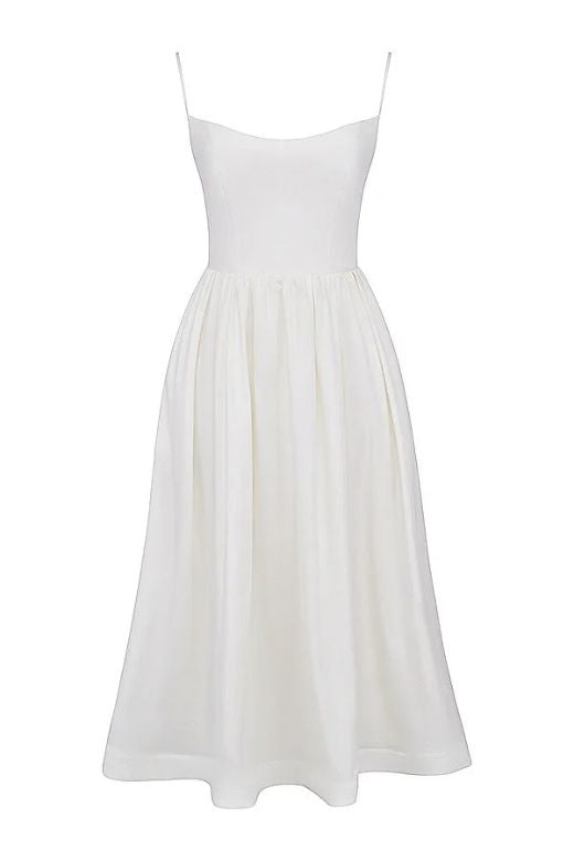 Woman wearing a figure flattering Paloma Bodycon Midi Dress - Pearl White BODYCON COLLECTION