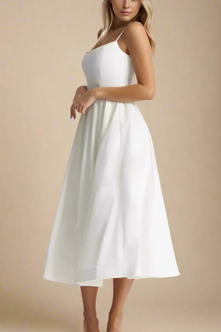Woman wearing a figure flattering Paloma Bodycon Midi Dress - Pearl White BODYCON COLLECTION