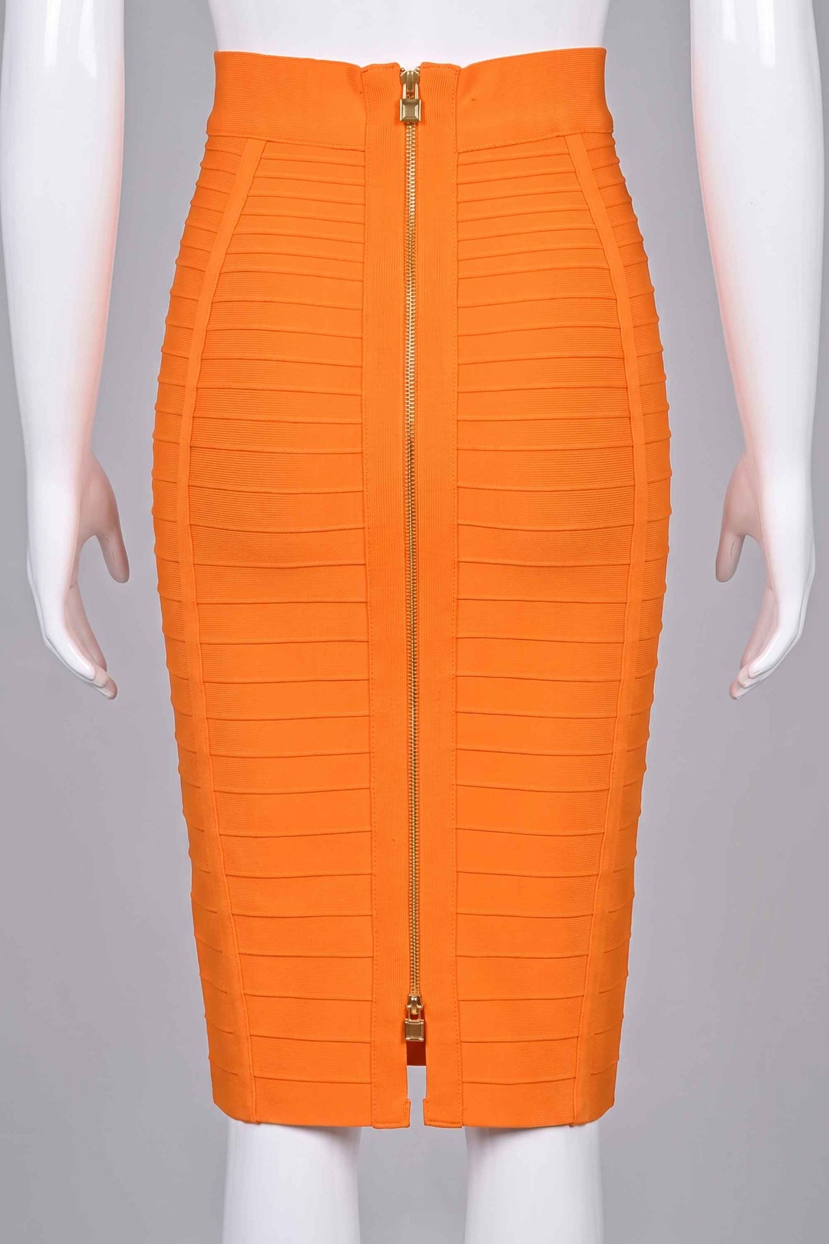 Woman wearing a figure flattering Pencil High Waist Bandage Knee Length Knitted Skirt - Apricot Orange BODYCON COLLECTION