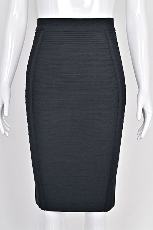 Woman wearing a figure flattering Pencil High Waist Bandage Knee Length Knitted Skirt - Classic Black BODYCON COLLECTION