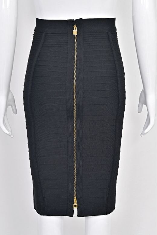 Woman wearing a figure flattering Pencil High Waist Bandage Knee Length Knitted Skirt - Classic Black BODYCON COLLECTION