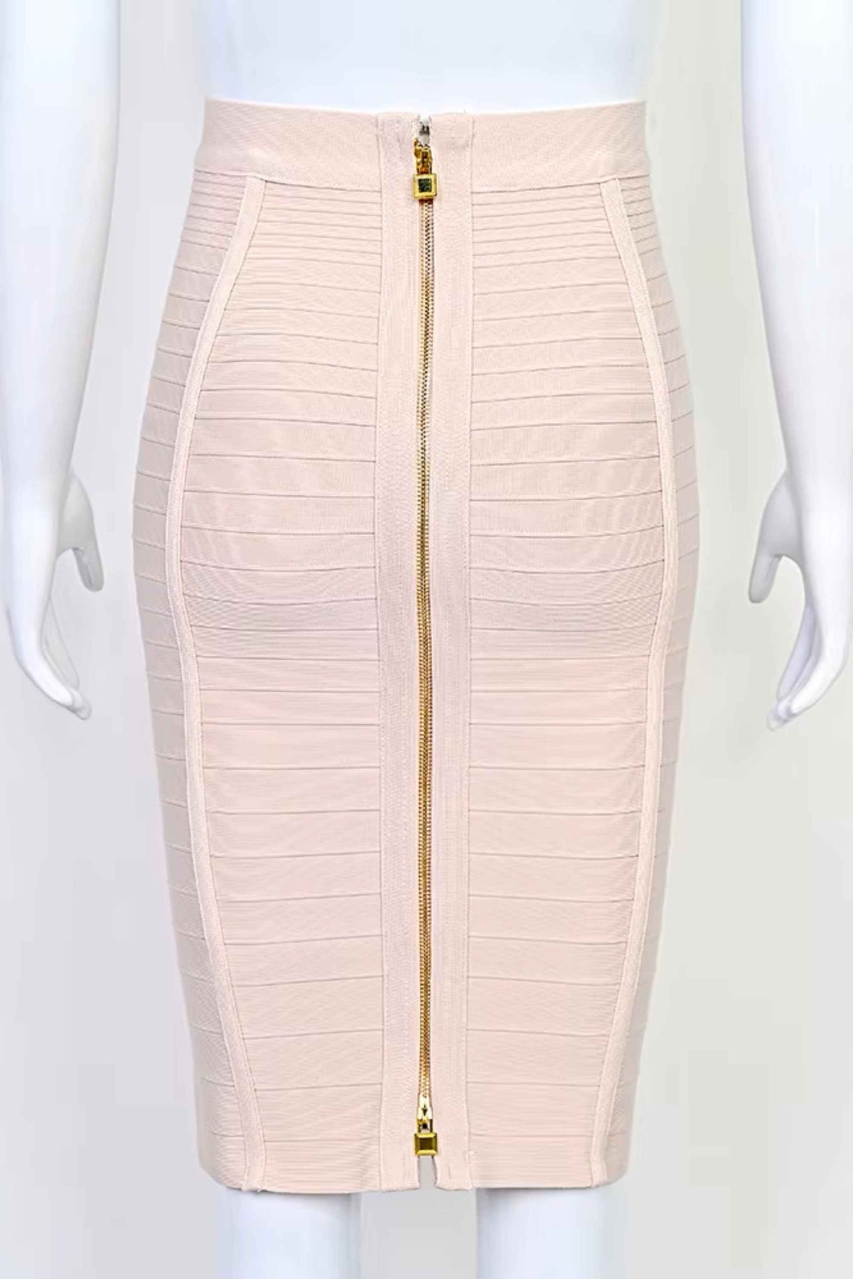 Woman wearing a figure flattering Pencil High Waist Bandage Knee Length Knitted Skirt - Cream BODYCON COLLECTION