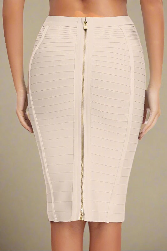 Woman wearing a figure flattering Pencil High Waist Bandage Knee Length Knitted Skirt - Cream BODYCON COLLECTION