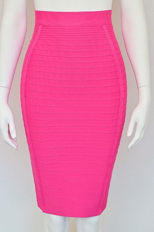 Woman wearing a figure flattering Pencil High Waist Bandage Knee Length Knitted Skirt - Hot Pink BODYCON COLLECTION