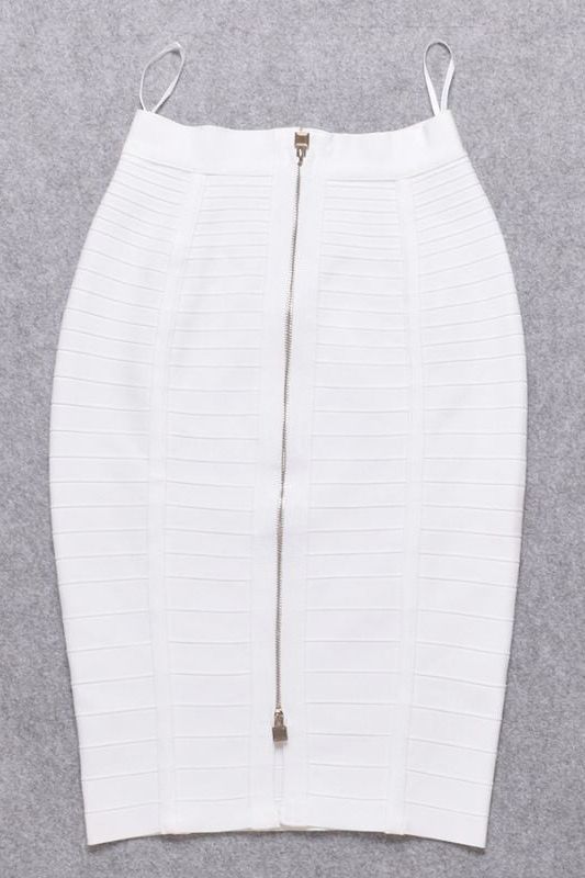 Woman wearing a figure flattering  Pencil High Waist Bandage Knee Length Knitted Skirt - Pearl White BODYCON COLLECTION