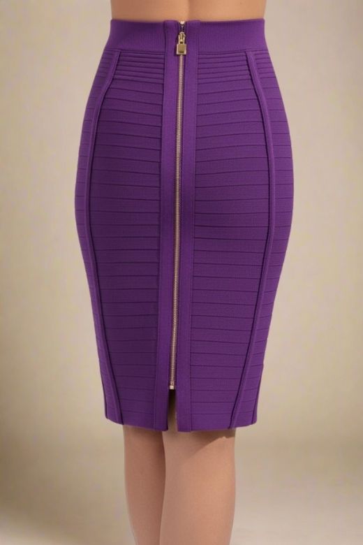 Woman wearing a figure flattering Pencil High Waist Bandage Knee Length Knitted Skirt - Plum Purple BODYCON COLLECTION