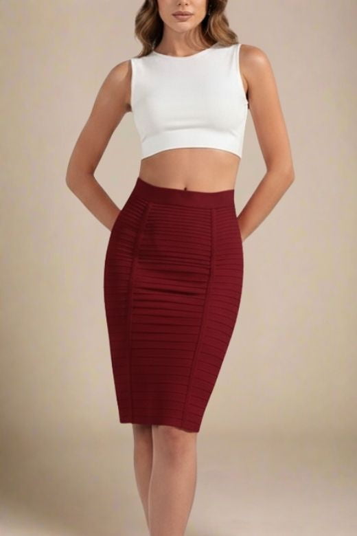 Woman wearing a figure flattering Pencil High Waist Bandage Knee Length Knitted Skirt - Red Wine BODYCON COLLECTION