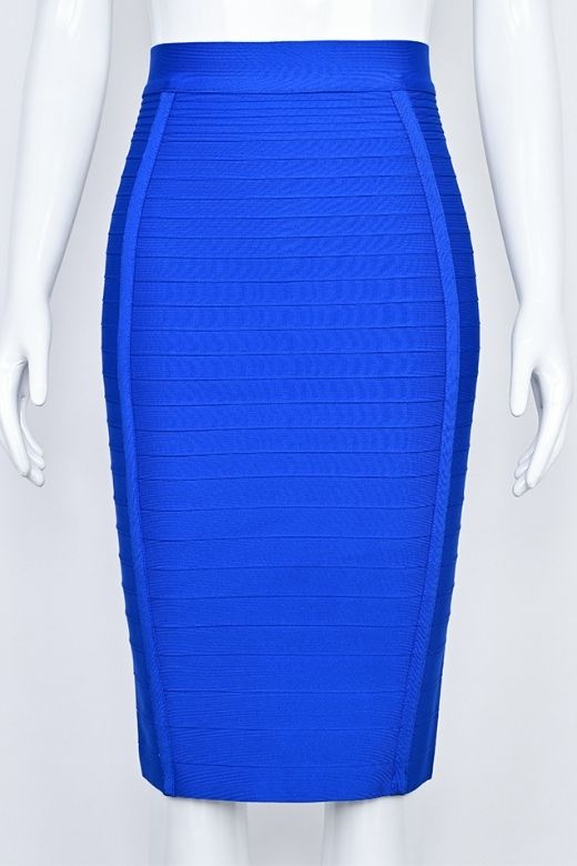 Woman wearing a figure flattering  Pencil High Waist Bandage Knee Length Knitted Skirt - Royal Blue BODYCON COLLECTION