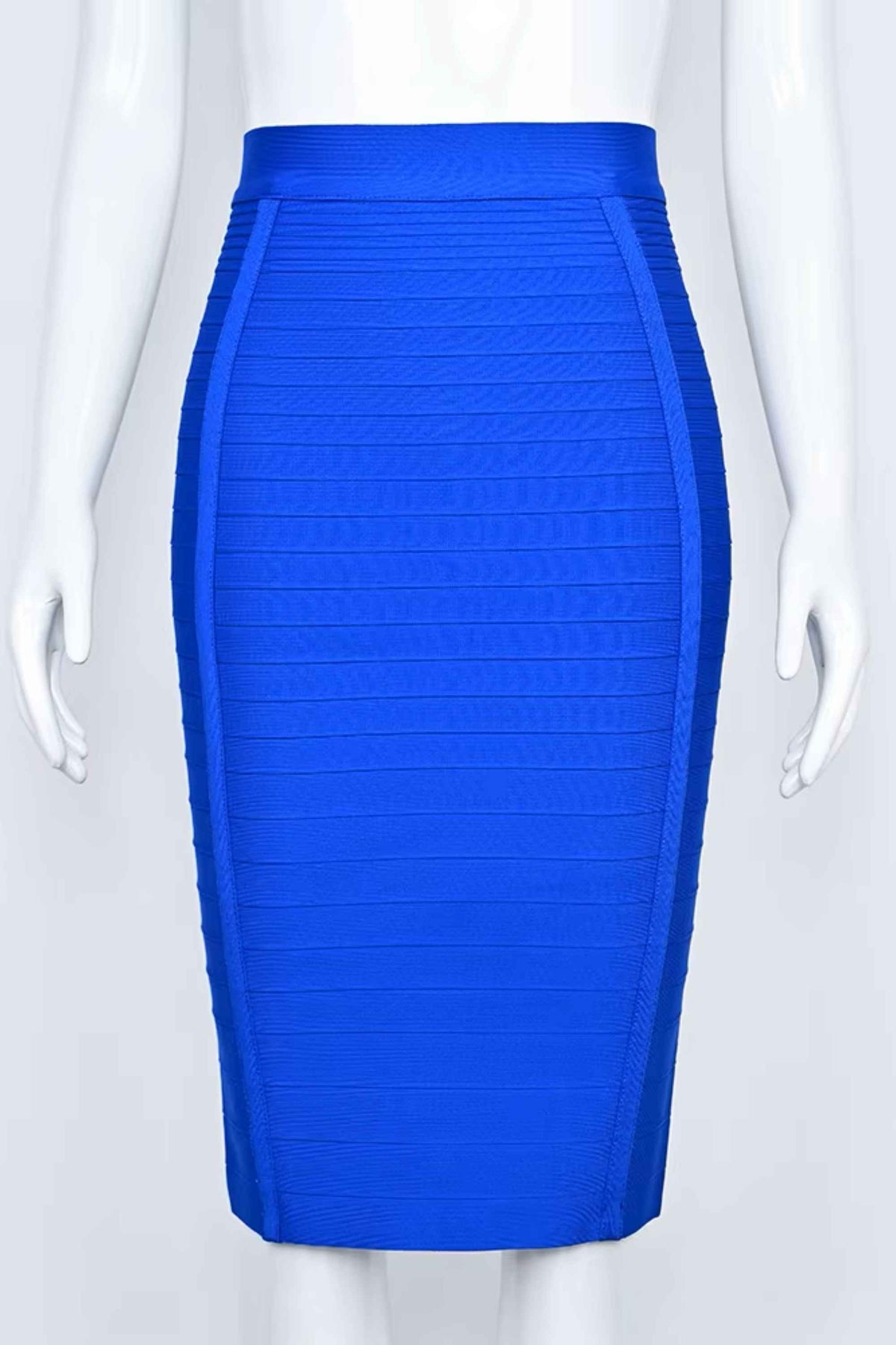 Woman wearing a figure flattering Pencil High Waist Bandage Knee Length Knitted Skirt - Royal Blue BODYCON COLLECTION