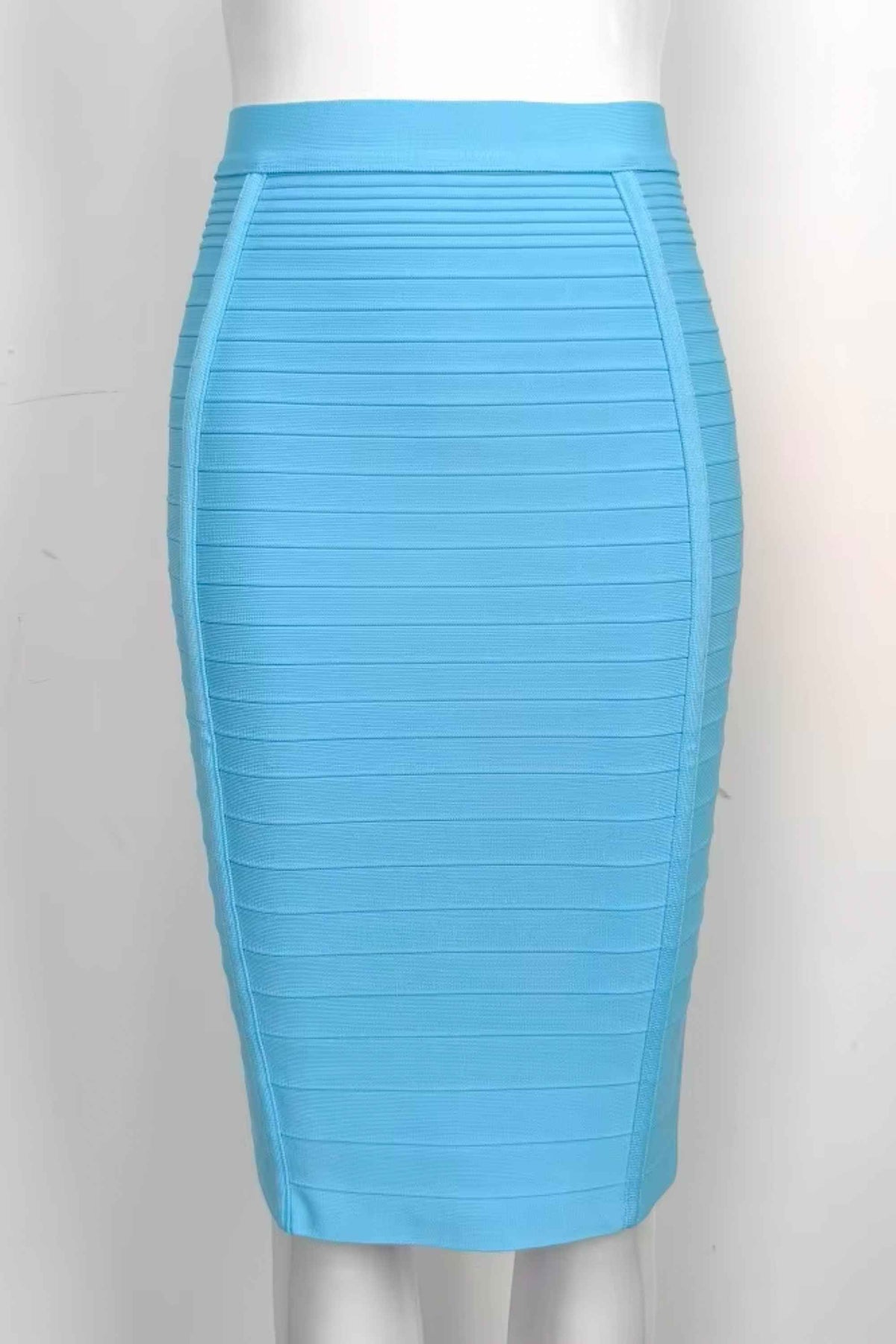 Woman wearing a figure flattering Pencil High Waist Bandage Knee Length Knitted Skirt - Sky Blue BODYCON COLLECTION